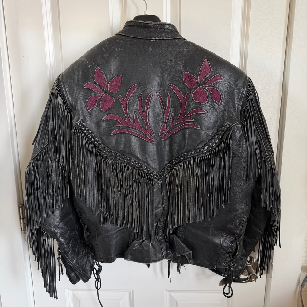Unik Black Leather Jacket with Fringe and Floral Embroidery